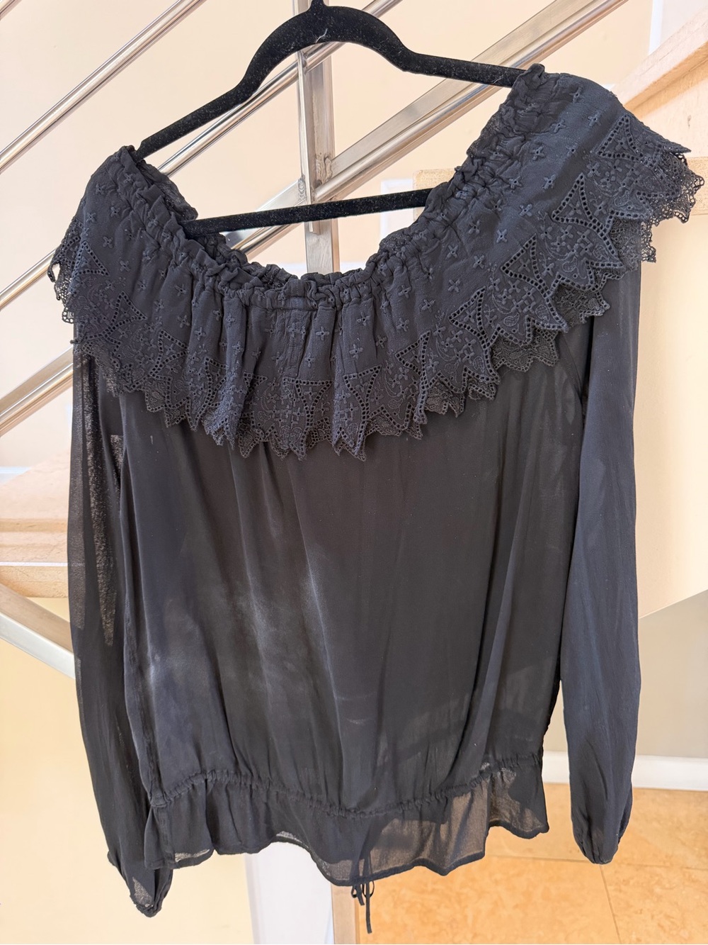 Vintage Ghost Black Off-Shoulder Lace Trim Sheer Blouse - Picture 8 of 12